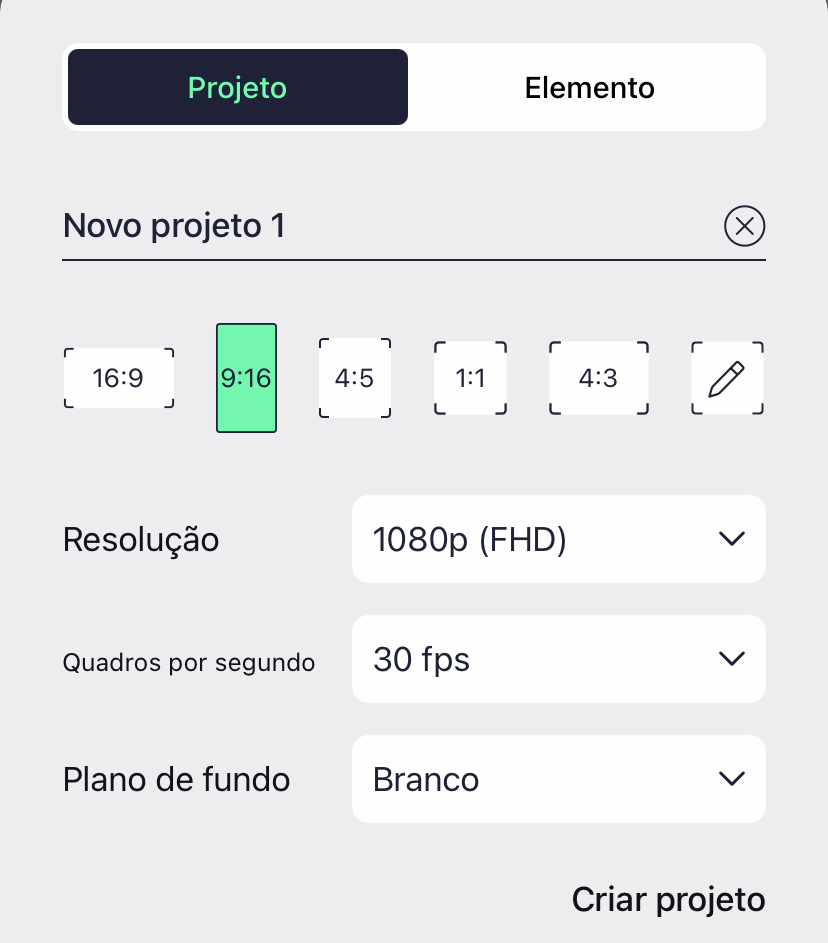 Novo Projeto no Alight Motion