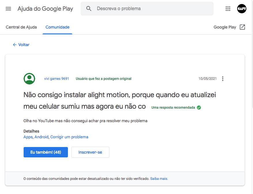 Fórum Google Play Sobre o Erro de instalação do Alight Motion no Android 11