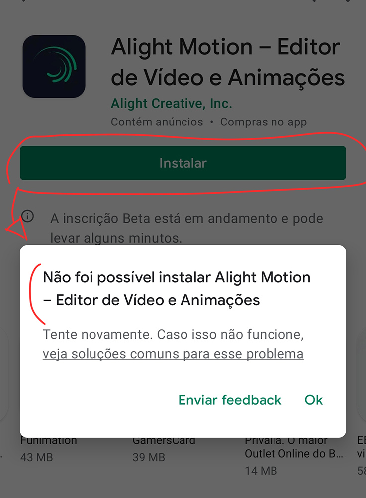 Erro Instalação Alight Motion no Android 11